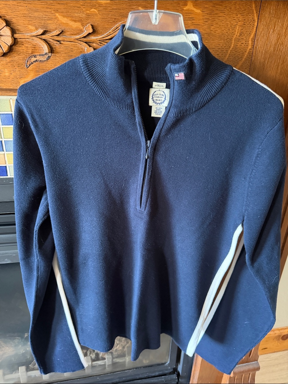 Polo RL Navy Quarter-Zip Sweater with White Side Stripes